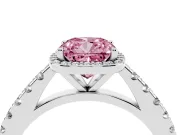 Fancy Pink Cushion Cut Diamond Halo Engagement Ring Set in Platinum with Pavé Band and Prong Setting