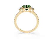 Fancy Green Round Cut Diamond Three-Stone Ring Set in Yellow gold with Pavé Band and Graduated Sides