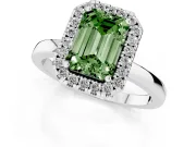 Fancy Green Emerald Cut Diamond Halo Solitaire Ring Set in White gold with Pavé Band and Prong Setting