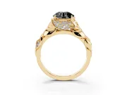 Fancy Black Round Cut Diamond Leaf-Inspired Engagement Ring Set in Yellow gold with Round Accents