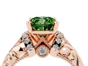 Fancy Green Cushion Cut Diamond Filigree Halo Engagement Ring Set in Rose gold with Prong Setting