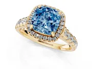 Cushion Cut Accented Halo Engagement Ring Setting for a Fancy Blue Lab-Grown Diamond | Yellow Gold