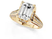 Emerald Cut Diamond Pavé Split Shank Solitaire Ring Set in Yellow gold with Prong Setting