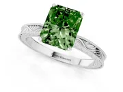 Fancy Green Radiant Cut Diamond Solitaire Milgrain Engraved Band Set in Silver with Prong Setting