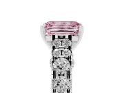 Fancy Pink Emerald Cut Diamond Classic Solitaire Ring Set in Platinum with Pavé Band and Prong Setting