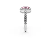 Fancy Pink Emerald Cut Diamond Halo Ring Set in Platinum with Delicate Pavé Band and Prong Setting
