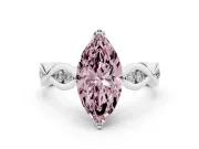 Fancy Pink Marquise Cut Diamond Twist Band Solitaire Ring Set in White gold with Leaf Prong Setting and Accent Stones