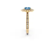 Fancy Blue Cushion Cut Diamond Halo Milgrain Pavé Ring Set in Yellow gold with Prong Setting