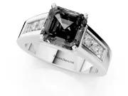 Fancy Black Asscher Cut Diamond Solitaire Ring Set in Platinum with Channel-Set Accent Stones and Prong Setting