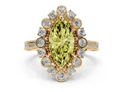 Fancy Yellow Marquise Cut Diamond Halo Milgrain Pavé Ring Set in Yellow gold with Prong Setting