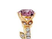 Fancy Pink Heart Cut Diamond Solitaire Leaf-Inspired Ring Set in Yellow gold with Pavé Band and Prong Setting