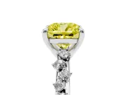 Fancy Yellow Cushion Cut Diamond Solitaire Vine Band Ring Set in Platinum with Round Accents and Prong Setting