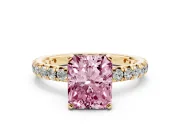 Fancy Pink Radiant Cut Diamond Pavé Solitaire Ring Set in Yellow gold with Round Band and Prong Setting