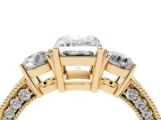 Emerald Cut Diamond Three-Stone Ring Set in Yellow gold with Round Side Stones and Pavé Band