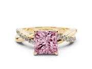 Fancy Pink Princess Cut Diamond Twist Band Solitaire Set in Yellow gold with Pavé Accents and Prong Setting