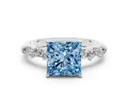 Fancy Blue Princess Cut Diamond Cluster Solitaire Ring Set in White gold with Prong Setting