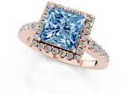 Fancy Blue Princess Cut Diamond Halo Pavé Solitaire Ring Set in Rose gold with Prong-Set Center Stone