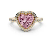 Fancy Pink Heart Cut Diamond Halo Engagement Ring Set in Yellow gold with Milgrain Detail and Pavé Band