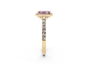 Fancy Pink Emerald Cut Diamond Halo Engagement Ring Set in Yellow gold with Pavé Band and Prong Setting
