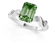 Fancy Green Emerald Cut Diamond Solitaire Ring Set in Silver with Ribbon Twist Band, Round Accents and Prong Setting