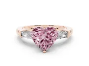 Heart-Shaped Three Stone Engagement Ring Setting for a Fancy Pink Lab-Grown Diamond | Tapered Baguettes | Rose Gold