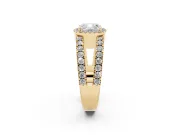 Cushion Cut Diamond Halo Ring Set in Yellow gold with Pavé Split Shank and Prong Setting