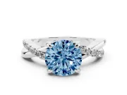 Fancy Blue Round Cut Diamond Twist Band Solitaire Set in Platinum with Pavé Accents and Prong Setting
