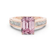 Fancy Pink Emerald Cut Diamond Solitaire Ring Set in Rose gold with Channel-Set Band and Prong Setting