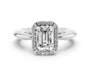 Emerald Cut Diamond Halo Engagement Ring Set in Silver with Plain Split Shank and Prong Setting
