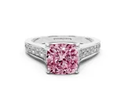 Fancy Pink Cushion Cut Diamond Solitaire Pavé Engagement Ring Set in Platinum with Prong Setting