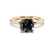 Fancy Black Cushion Cut Diamond Solitaire Ring Set in Yellow gold with Thin Band and Prong Setting