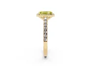 Fancy Yellow Emerald Cut Diamond Halo Engagement Ring Set in Yellow gold with Pavé Band and Prong Setting