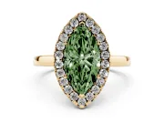 Fancy Green Marquise Cut Diamond Halo Solitaire Ring Set in Yellow gold with Pavé Band and Prong Setting