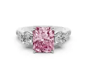 Fancy Pink Three-Stone Radiant Cut Diamond Pavé Band Ring Set in Silver with Prong-Set Trio