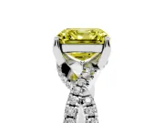 Fancy Yellow Asscher Cut Diamond Twist Pavé Solitaire Engagement Ring Set in Platinum with Prong Setting