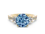 Round Three Stone Pavé Engagement Ring Setting for a Fancy Blue Lab-Grown Diamond | Round Side Stones | Yellow Gold