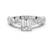 Emerald Cut Side Stone Engagement Ring Setting | Scalloped Prong Accents | Sterling Silver