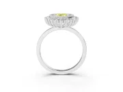 Fancy Yellow Pear Cut Diamond Halo Ring Set in White gold with Milgrain Edge and Round Prong Setting
