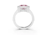 Fancy Pink Asscher Cut Diamond Halo Ring Set in White gold with Pavé Band and Milgrain-Edged Prongs