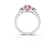 Fancy Pink Cushion Cut Diamond Three-Stone Ring Set in Silver with Round Side Stones and Delicate Pavé Band