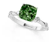 Fancy Green Cushion Cut Diamond Solitaire Ring Set in White gold with Bezel Set Side Stones and Prong Setting