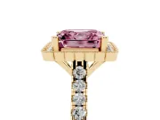 Fancy Pink Asscher Cut Diamond Milgrain Floral Halo Engagement Ring Set in Yellow gold with Pavé Band