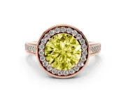 Fancy Yellow Round Cut Diamond Halo Solitaire Ring Set in Rose gold with Pavé Band and Bezel Setting