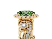 Fancy Green Oval Cut Diamond Halo Ring Set in Yellow gold with Milgrain Pavé Band and Prong Setting