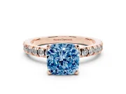 Fancy Blue Cushion Cut Diamond Pavé Band Solitaire Set in Rose gold with Prong Setting