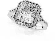 Radiant Cut Diamond Halo Engagement Ring Set in White gold with Milgrain Pavé Band