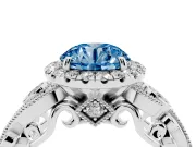Fancy Blue Round Cut Diamond Halo Ring Set in Platinum with Milgrain Pavé Band and Prong Setting