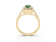Fancy Green Emerald Cut Diamond Floral Halo Ring Set in Yellow gold with Pavé Band and Prong Setting