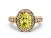 Fancy Yellow Oval Cut Diamond Halo Ring Set in Yellow gold with Round Accent Halo, Pavé Band and Prong Setting