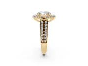 Oval Cut Diamond Halo Engagement Ring Set in Yellow gold with Split Shank and Prong Setting